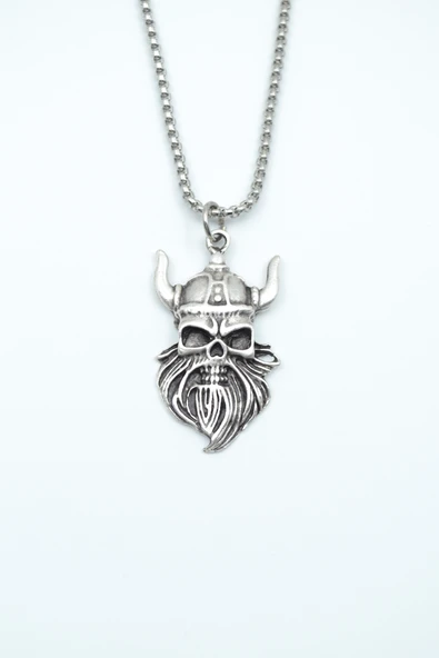 Viking Sakallı Kuru Kafa Gümüş Kaplama Örme Zincir Kolye ürün görseli 1