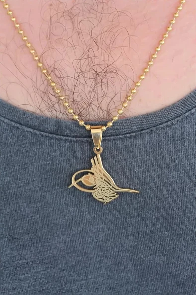 Gold Renk Metal Osmanlı Tuğra Figürlü Erkek Kolye - 2