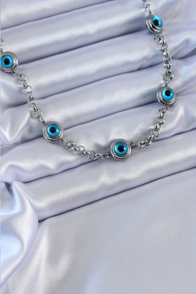 316L Çelik Gümüş Renk Nazar Boncuk Model Kadın Kolye ürün görseli