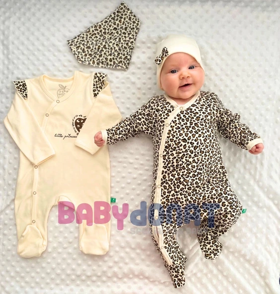 Açık Kahve Leopar Desenli Kız Bebek 4'lü Tulum Seti - 2
