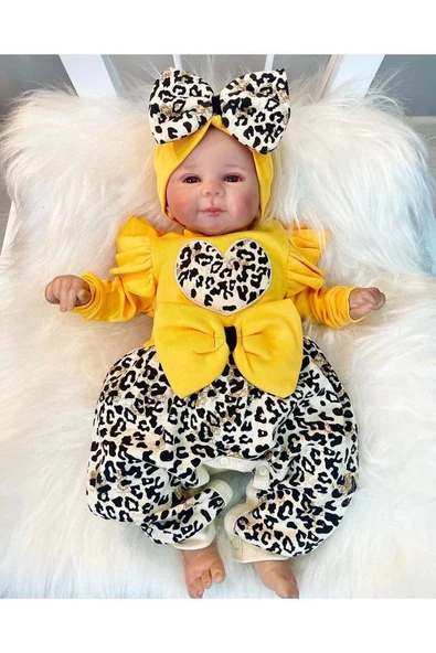 Fiyonklu Leopar Desenli % 100 Pamuk Kız Bebek Takım