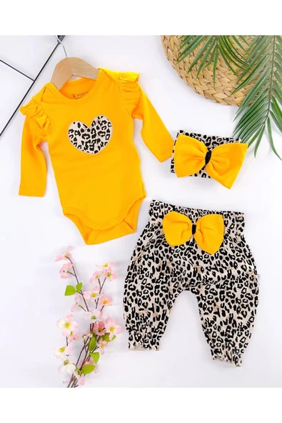 Fiyonklu Leopar Desenli % 100 Pamuk Kız Bebek Takım - 3