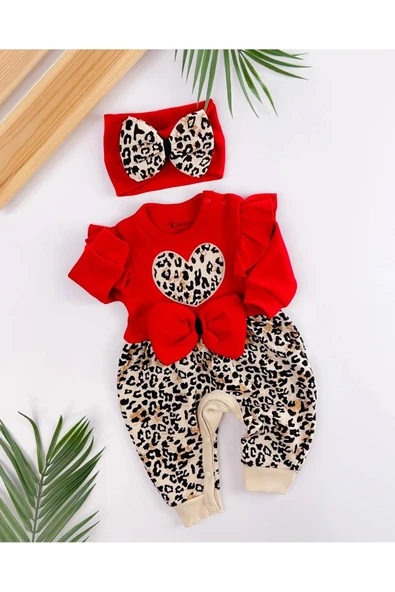 Leopar Desenli Fiyonklu % 100 Pamuk Kız Bebek Tulum - 3