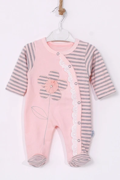 Çiçek Nakışlı % 100 Pamuk Ayaklı Kız Bebek Tulumu