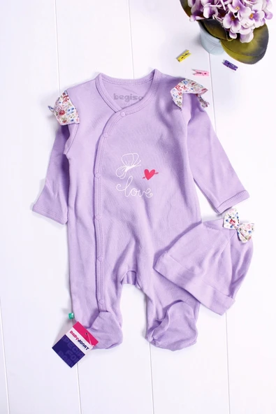 Kelebek Desenli Omuz Detaylı Şapkalı Kız Bebek Tulumu - 3