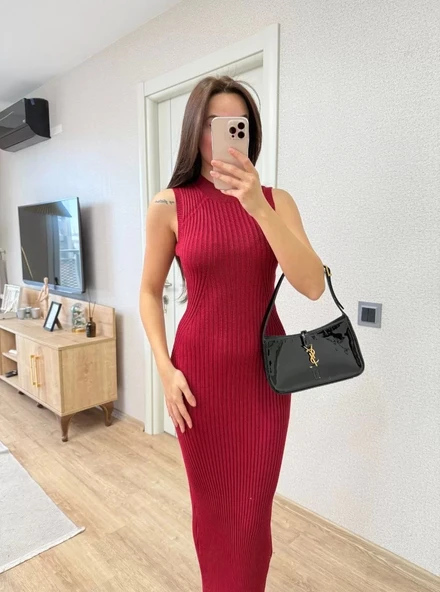 Fitilli Triko Elbise Maxi Uzun boy - Bordo - Resim 4