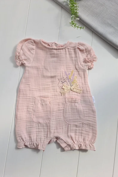 Müslin Kumaş Çiçek Nakışlı Pamuklu Kız Bebek Tulum - 3