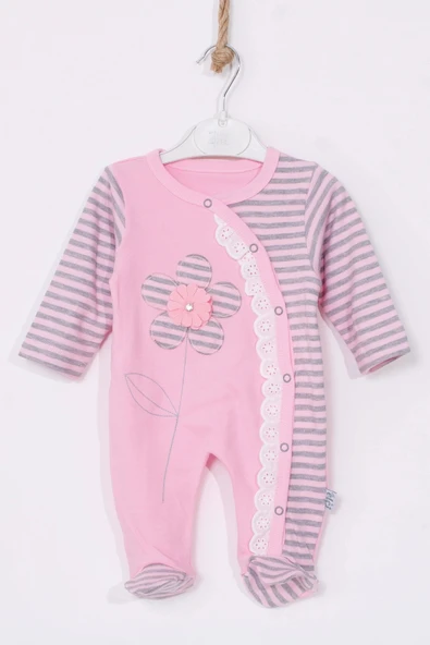 Çiçek Nakışlı % 100 Pamuk Ayaklı Kız Bebek Tulumu - 3