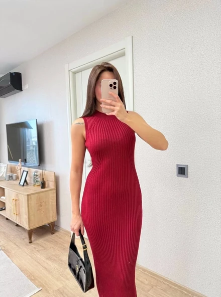 Fitilli Triko Elbise Maxi Uzun boy - Bordo - Resim 2