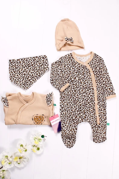 Leopar Desenli Kız Bebek 4'lü Tulum Seti - 3