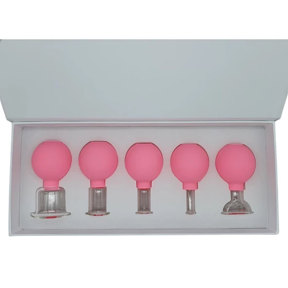 Silikon Vakumlu Cam Yüz Masaj Kupası 5’li Set Pembe Renk - Resim 2