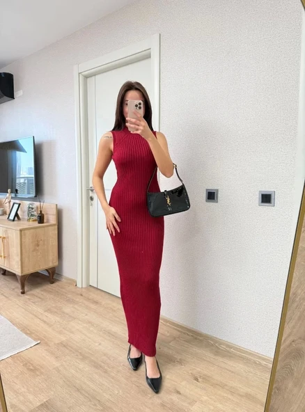 Fitilli Triko Elbise Maxi Uzun boy - Bordo - Resim 3