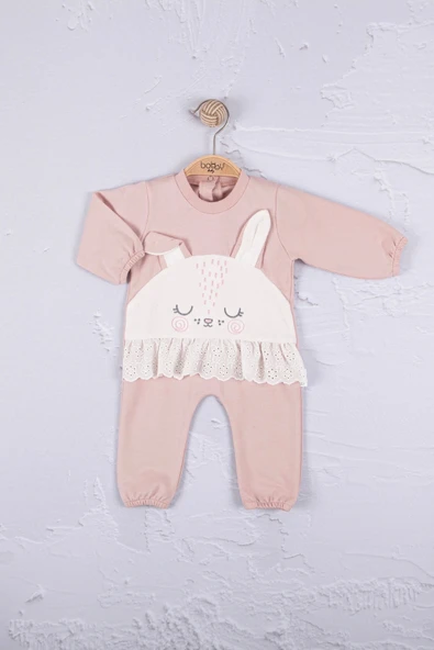 Tavşan Nakışlı Güpürlü % 100 Pamuk Kız Bebek Tulum - 2