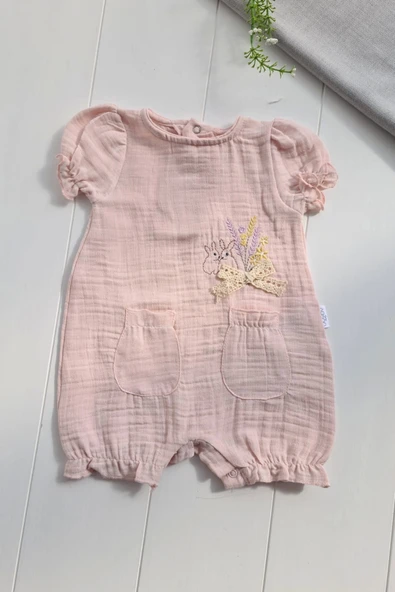 Müslin Kumaş Çiçek Nakışlı Pamuklu Kız Bebek Tulum - 2