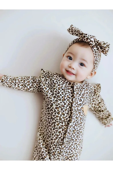 Leopar Desenli Saç Bandanalı Kız Bebek Tulumu