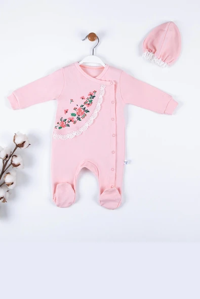 Çiçek Nakışlı Şapkalı % 100 Pamuk Kız Bebek Tulumu