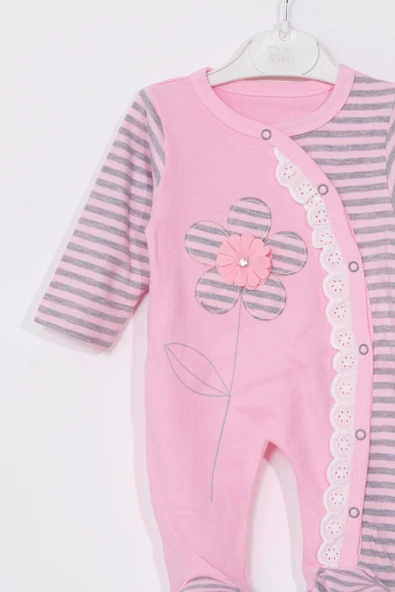 Çiçek Nakışlı % 100 Pamuk Ayaklı Kız Bebek Tulumu - 2