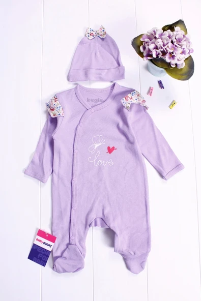 Kelebek Desenli Omuz Detaylı Şapkalı Kız Bebek Tulumu - 2