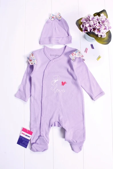 Kelebek Desenli Omuz Detaylı Şapkalı Kız Bebek Tulumu