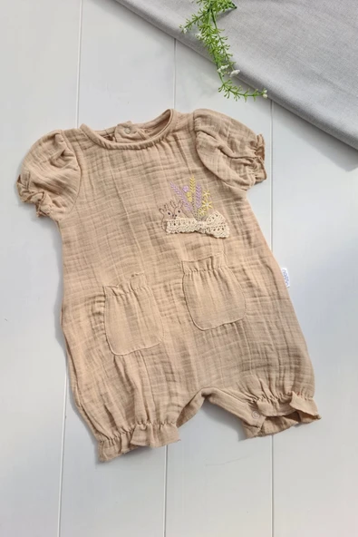 Müslin Kumaş Çiçek Nakışlı Pamuklu Kız Bebek Tulum - 3