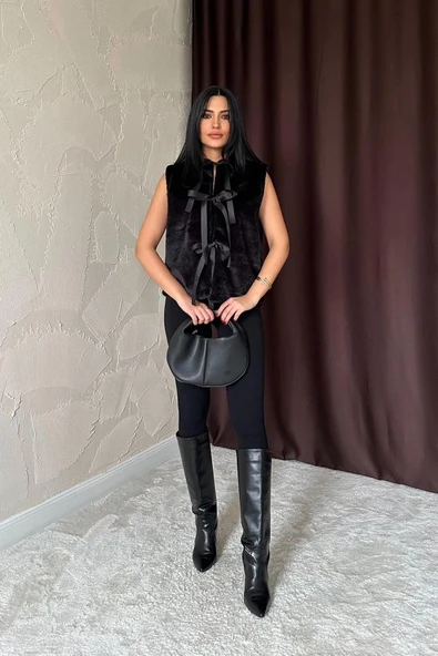 Lucky Life Kadın Siyah Fiyonklu Peluş Yelek