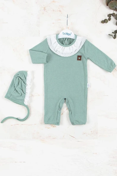 Brode Nakışlı Şapkalı % 100 Pamuk Kız Bebek Tulumu