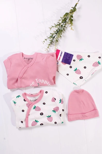Çilek Desenli Kız Bebek 4'lü Tulum Seti - 3