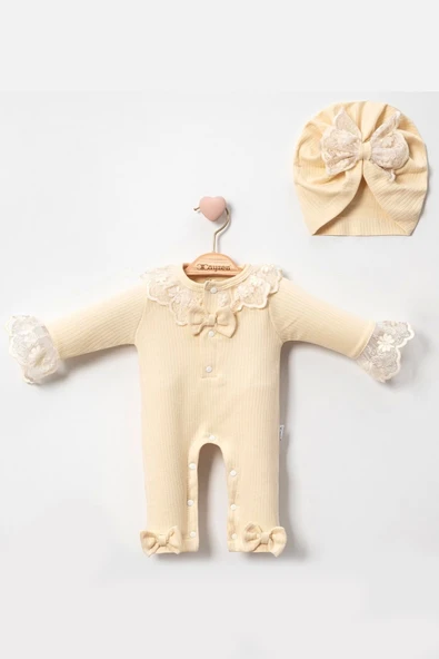 Dantel Yaka Detaylı Şapkalı 2'Li Kız Bebek Tulum - 3