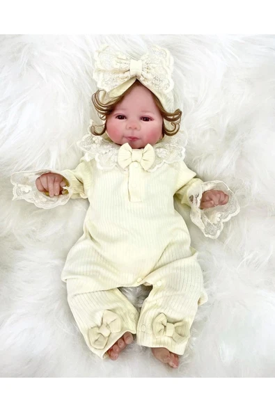 Dantel Yaka Detaylı Şapkalı 2'Li Kız Bebek Tulum