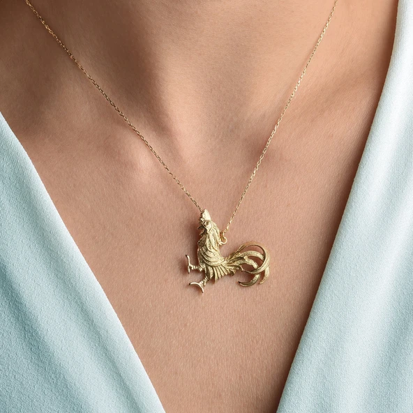 14 Ayar Altın Kaplama Tasarım Horoz Gümüş Kolye - CN00443 - 3