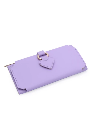 Yumuşak Suni Deri Cep Telefon Bölmeli Trend Kadın Cüzdan Kalp Detaylı  - XD-Nisa-Lila - Resim 2