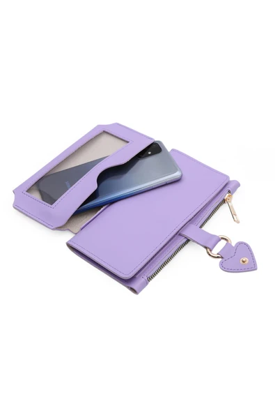 Yumuşak Suni Deri Cep Telefon Bölmeli Trend Kadın Cüzdan Kalp Detaylı  - XD-Nisa-Lila - Resim 5