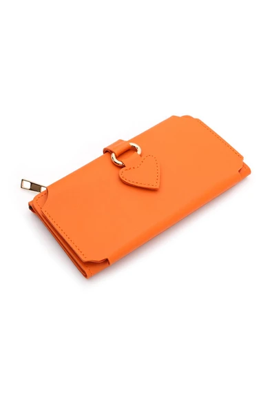 Yumuşak Suni Deri Cep Telefon Bölmeli Trend Kadın Cüzdan Kalp Detaylı  - XD-Nisa-Turuncu - Resim 2