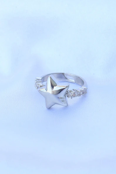 Pirinç Gümüş Renk Ayarlanabilir Zirkon Taşlı Yıldız Yüzük - 2