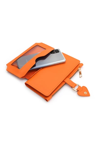 Yumuşak Suni Deri Cep Telefon Bölmeli Trend Kadın Cüzdan Kalp Detaylı  - XD-Nisa-Turuncu - Resim 5