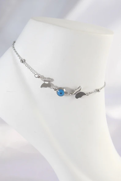 316L Çelik Gümüş Renk Nazar Boncuk Detay Kelebek Halhal