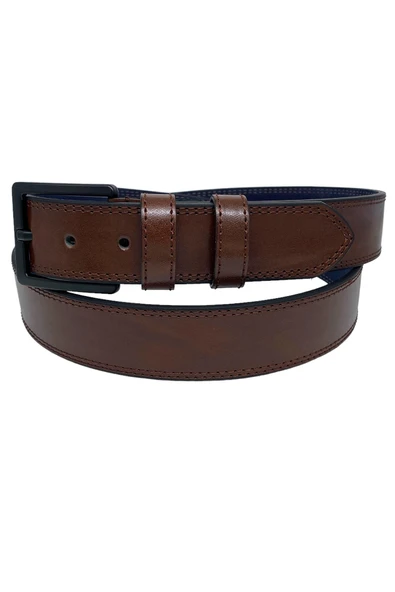 Kahverengi Büyük Beden Suni Deri Çift Dikişli 4 cm.lik Erkek Spor Kemer - Resim 2