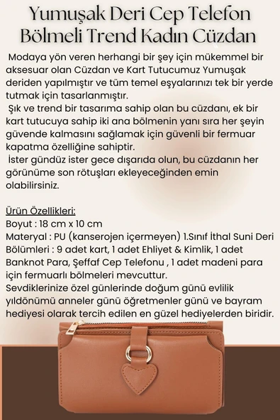 Yumuşak Suni Deri Cep Telefon Bölmeli Trend Kadın Cüzdan Kalp Detaylı  - XD-Nisa-Turuncu - Resim 6