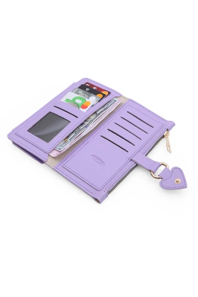 Yumuşak Suni Deri Cep Telefon Bölmeli Trend Kadın Cüzdan Kalp Detaylı  - XD-Nisa-Lila - Resim 4