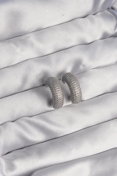 Pirinç Gümüş Renk Zirkon Taşlı Yarım Halka Küpe - Resim 2