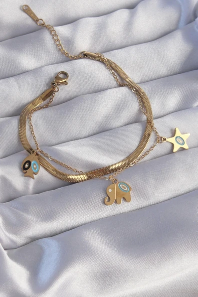 316L Çelik Gold Renk Çift Zincir Çoklu Aksesuarlı Bileklik - 3