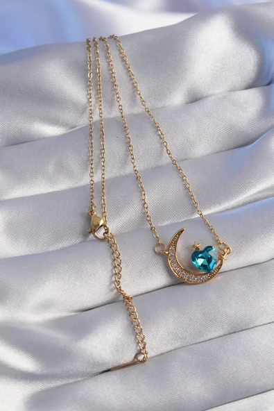 316L Çelik Zincir Gold Renk Mavi Zirkon Taşlı Ay Tasarımlı Kolye - Resim 2