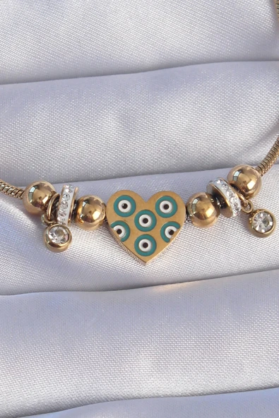 316L Çelik Gold Renk Zirkon Taşlı Nazarlı Kalp Tasarımlı Bileklik - 2