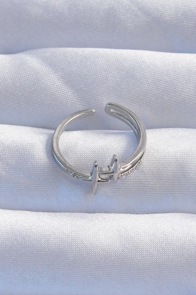 Pirinç Gümüş Renk Zirkon Taşlı 2li Görünüm Ayarlanabilir Yıldız Model Yüzük - 2