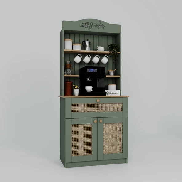 Midoser Lucas 2 Kapaklı Çekmeceli Pvc Hasır Desen Kahve Köşesi & Çok Amaçlı Mutfak Dolabı-Açık Ceviz & Yeşil - 5