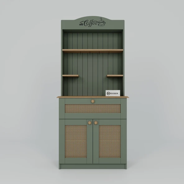 Midoser Lucas 2 Kapaklı Çekmeceli Pvc Hasır Desen Kahve Köşesi & Çok Amaçlı Mutfak Dolabı-Açık Ceviz & Yeşil - 6