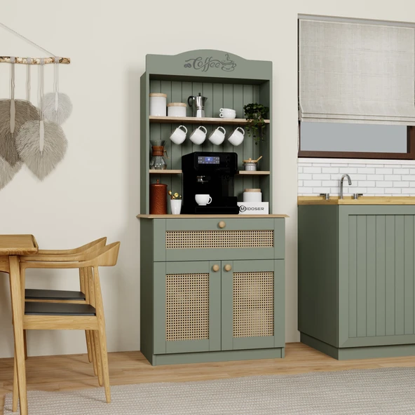 Midoser Lucas 2 Kapaklı Çekmeceli Pvc Hasır Desen Kahve Köşesi & Çok Amaçlı Mutfak Dolabı-Açık Ceviz & Yeşil - 2