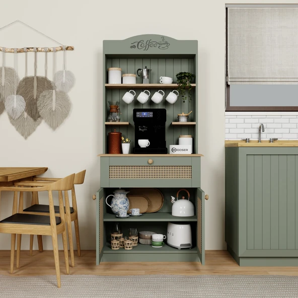 Midoser Lucas 2 Kapaklı Çekmeceli Pvc Hasır Desen Kahve Köşesi & Çok Amaçlı Mutfak Dolabı-Açık Ceviz & Yeşil - 4