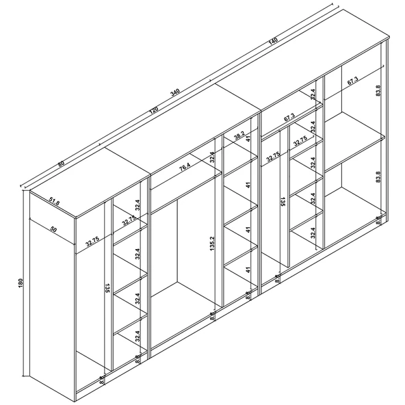 Midoser Kardelen Serisi Atlantik Çam 9 Kapaklı 14 Raflı 340 Cm Elbise Dolabı - Gardırop Seti - 8