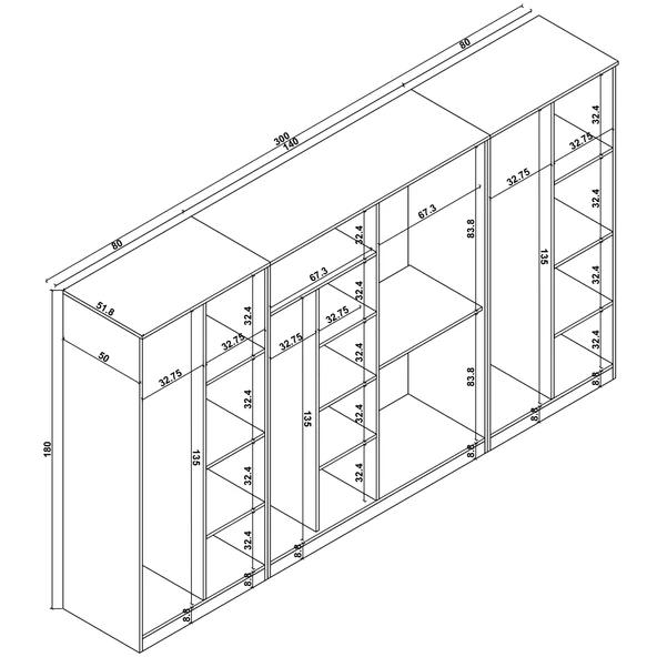 Midoser Kardelen Serisi Atlantik Çam 8 Kapaklı 13 Raflı 300 cm Elbise Dolabı- Gardırop seti - 8
